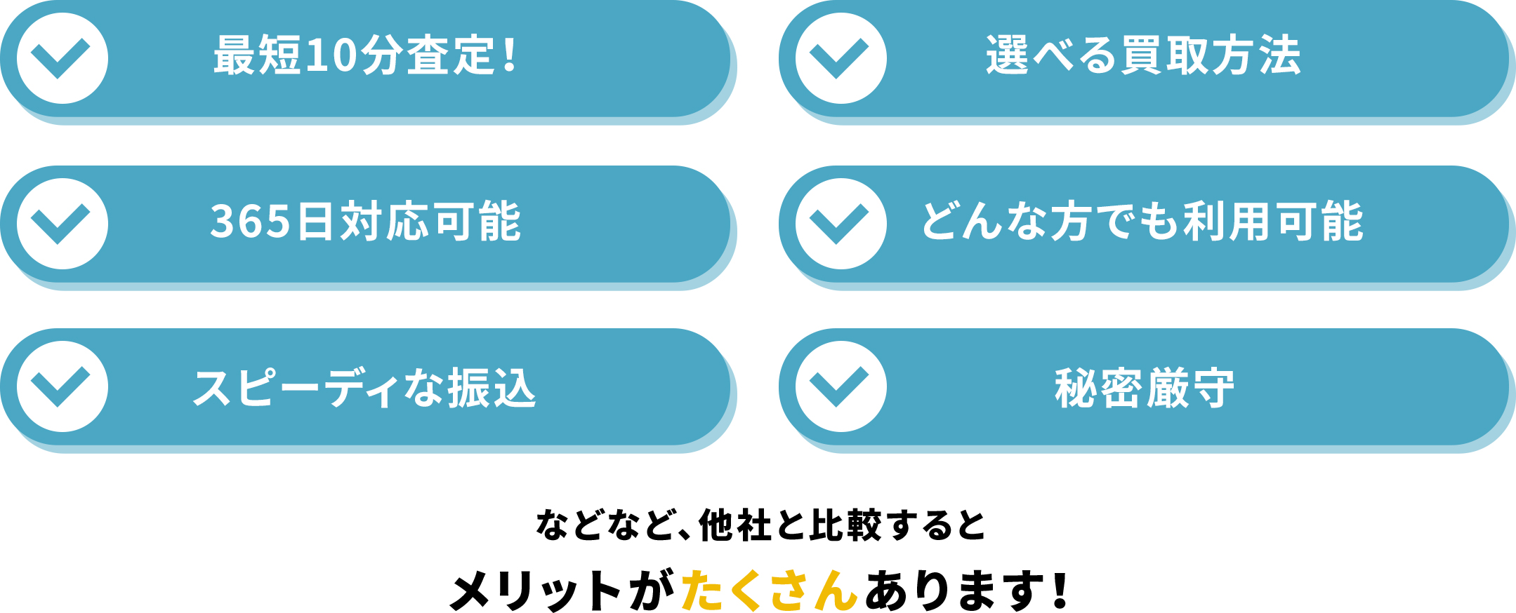 最短10分審査！/選べる買取方法/365日対応可能/どんな方でも利用可能/スピーディな振込/秘密厳守